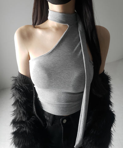 【 ３color ／ カップ付 】チョーカータイアシンメトリーワンショルキャミソール ／ choker tie asymmetry one-shoulder camisole