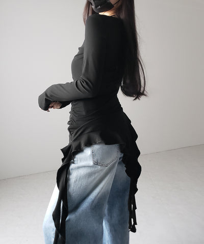 【 ３color 】クロスチョーカーアシンメトリーラッフルフリルトップス ／ cross choker asymmetry ruffle frill tops