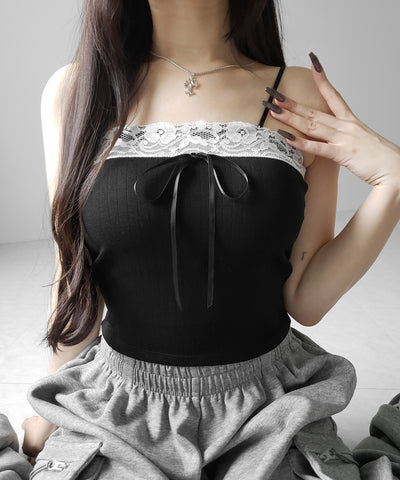 フロントリボンレースショートキャミソール ／ front ribbon lace short camisole