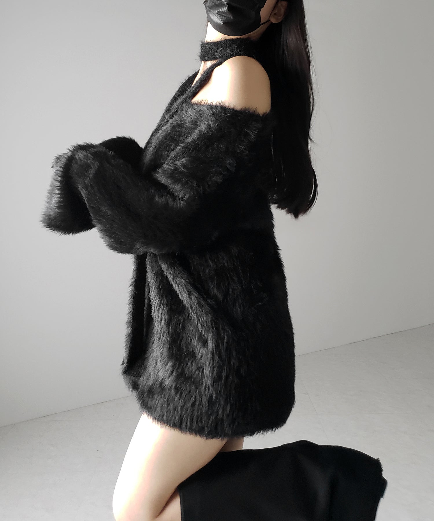 【 ２color 】チョーカータイ付きルーズシャギーニット ／ choker tie set loose shaggy knit