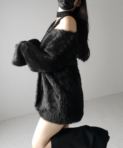 【 ２color 】チョーカータイ付きルーズシャギーニット ／ choker tie set loose shaggy knit