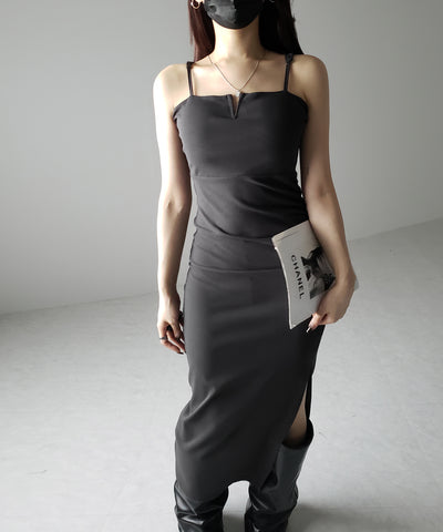【 パッド付き 】バックストラップサイドシャーリングスリットロングキャミワンピース ／ back strap side shirring slit long cami onepiece