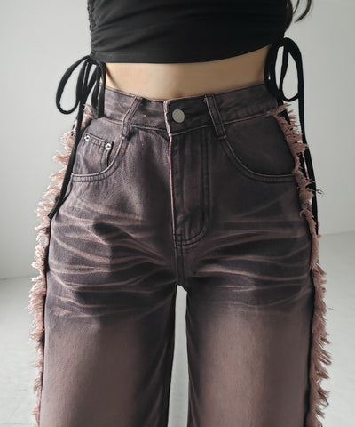 【 ３SIZE 】ヴィンテージピンクウォッシュダメージワイドデニム ／ vintage pink wash damage wide denim