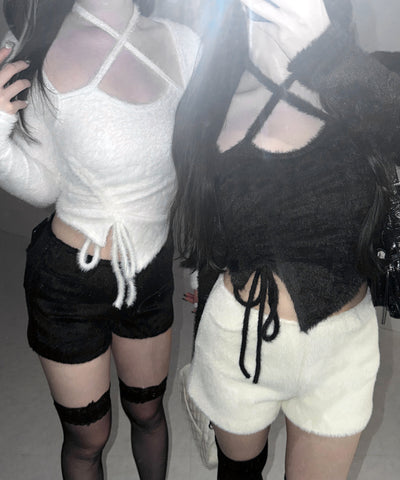 【 ３color 】クロスネックシャーリングリボンシャギートップス ／ cross neck shirring ribbon shaggy tops