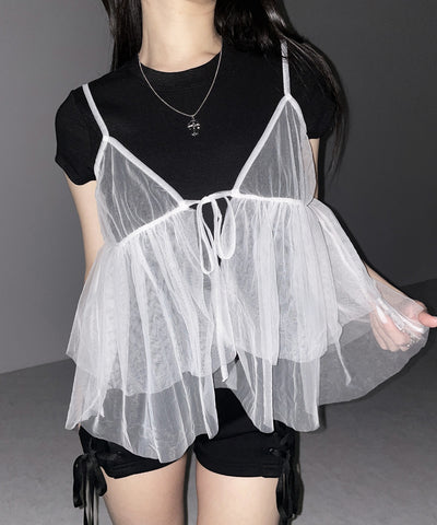 フロントリボンチュールキャミソール ／ front ribbon tulle camisole
