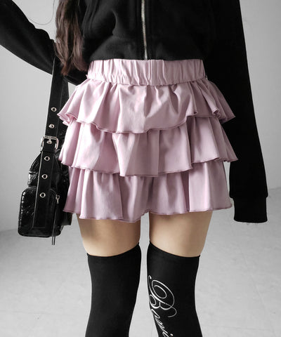 【 新色ピンク追加！４color 】３段フリルカットソーミニスカパン ／ 3 frill cutsew mini skirt pants