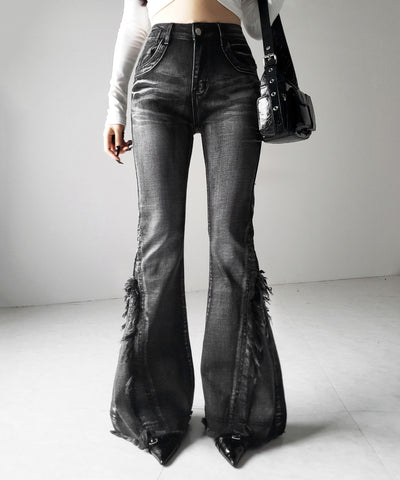【 ２color ／ ４size 】ヴィンテージライクフリンジストレッチフレアデニム ／ Vintage-like fringe stretch flare denim
