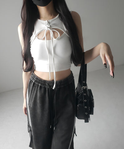 【 ２color 】レースアップリボンカットアウトリブショートタンク ／ laceup ribbon cutout rib short tank