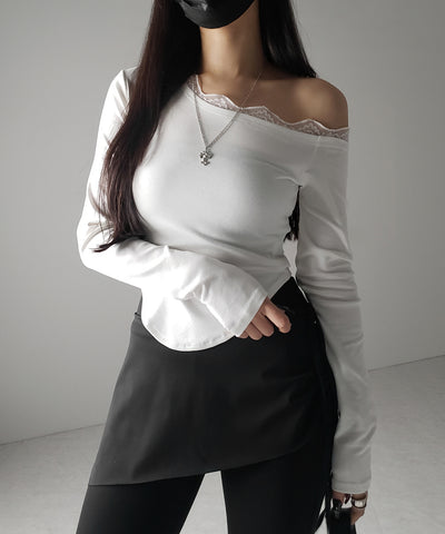 【 ２color 】ワンショルダーレースポイントスリムカットソートップス ／ one shoulder lace point slim cutsew tops