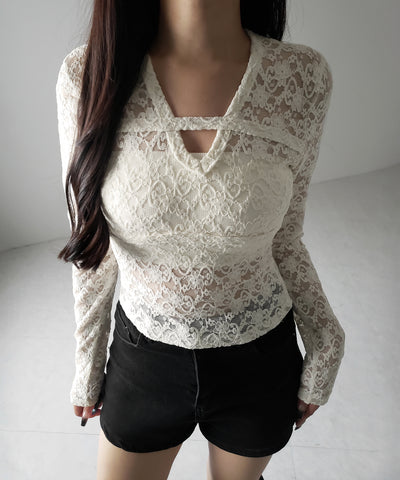 【 ２color 】Vネックスリムラインレーストップス ／ V-neck slimline lace tops