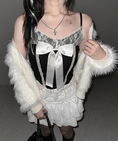フロントサテンリボンレースキャミビスチェ ／ front satin ribbon lace cami bustier