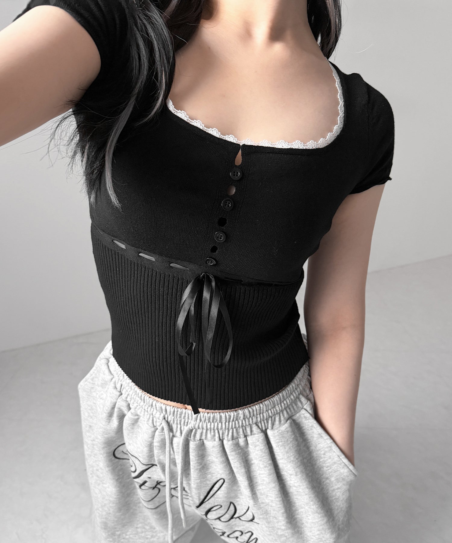 フロントリボンスクエア半袖ニットトップス / front ribbon square short sleeve knit tops