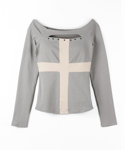 十字架クロスデザインカットアウトオフショルスリムトップス ／ cross design cutout offshoulder slim tops