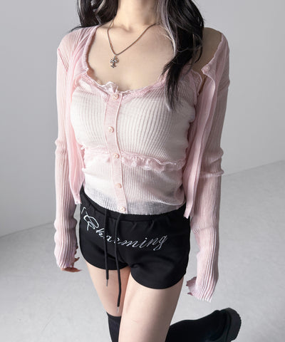【 2点セット 】フロントレースシアーニットキャミソール ＋カーディガン SET / front lace sheer knit camisole + cardigan set
