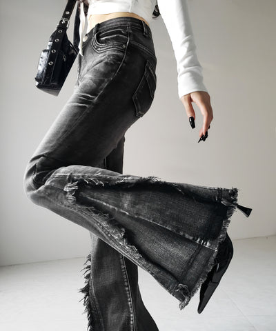 【 ２color ／ ４size 】ヴィンテージライクフリンジストレッチフレアデニム ／ Vintage-like fringe stretch flare denim