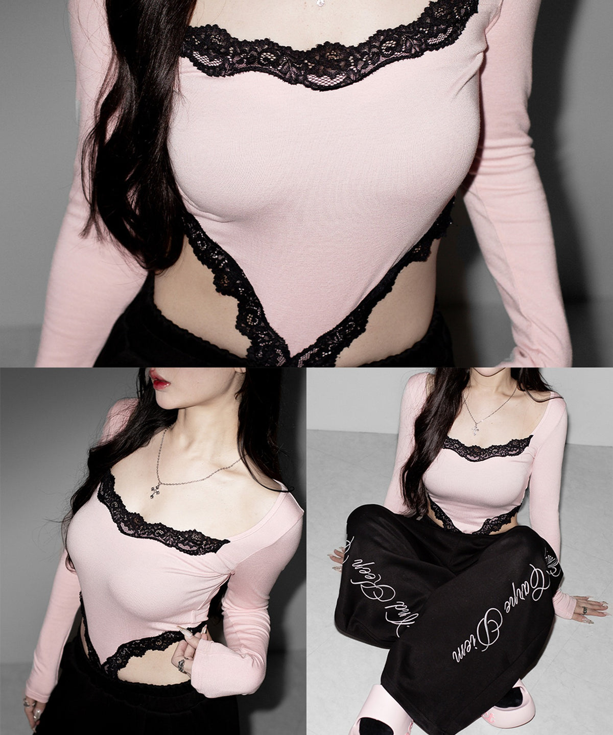 カットアウトレースポイントボディスーツトップス ／cutout lace point bodysuit tops