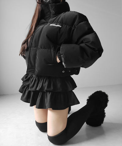 【 新色ピンクが追加！ 】グランジロゴ刺繍ショートパフ中綿ジャケット ／ grunge logo embroidery short puff fake down jacket
