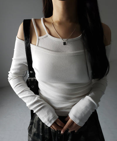 【 ２color 】レイヤードダブルストラップオフショルトップス ／ layerd double strap off shoulder tops