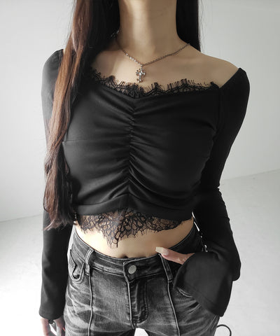 【 ２color 】レースドッキングシャーリングショートカットソートップス ／ lace docking shirring short cutsew tops