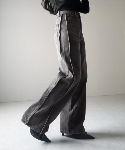 【 ３color ／ ４size 】サイドタック切替ハイウエストストレートデニム ／side tack kirikae highwaist straight denim