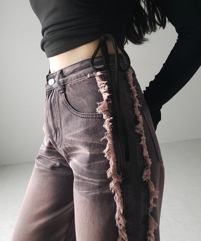 【 ３SIZE 】ヴィンテージピンクウォッシュダメージワイドデニム ／ vintage pink wash damage wide denim