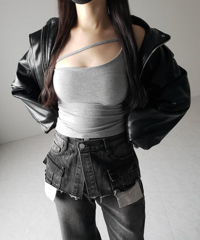 【 ３color ／ カップ付 】ラインストラップワンショルキャミソール ／ line strap one shoulder camisole