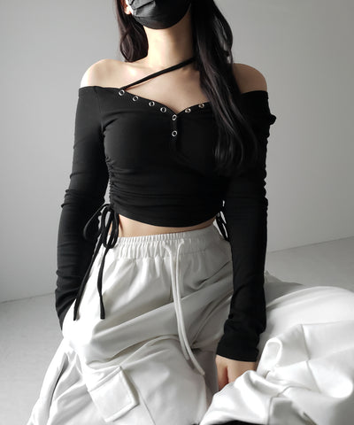 【 ２WAY ／ 裏起毛 】ナナメストラップスナップボタンシャーリングリボントップス ／ naname strap snap button shirring ribbon tops