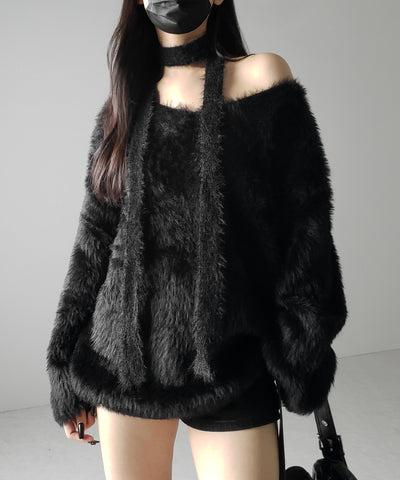 【 ２color 】チョーカータイ付きルーズシャギーニット ／ choker tie set loose shaggy knit