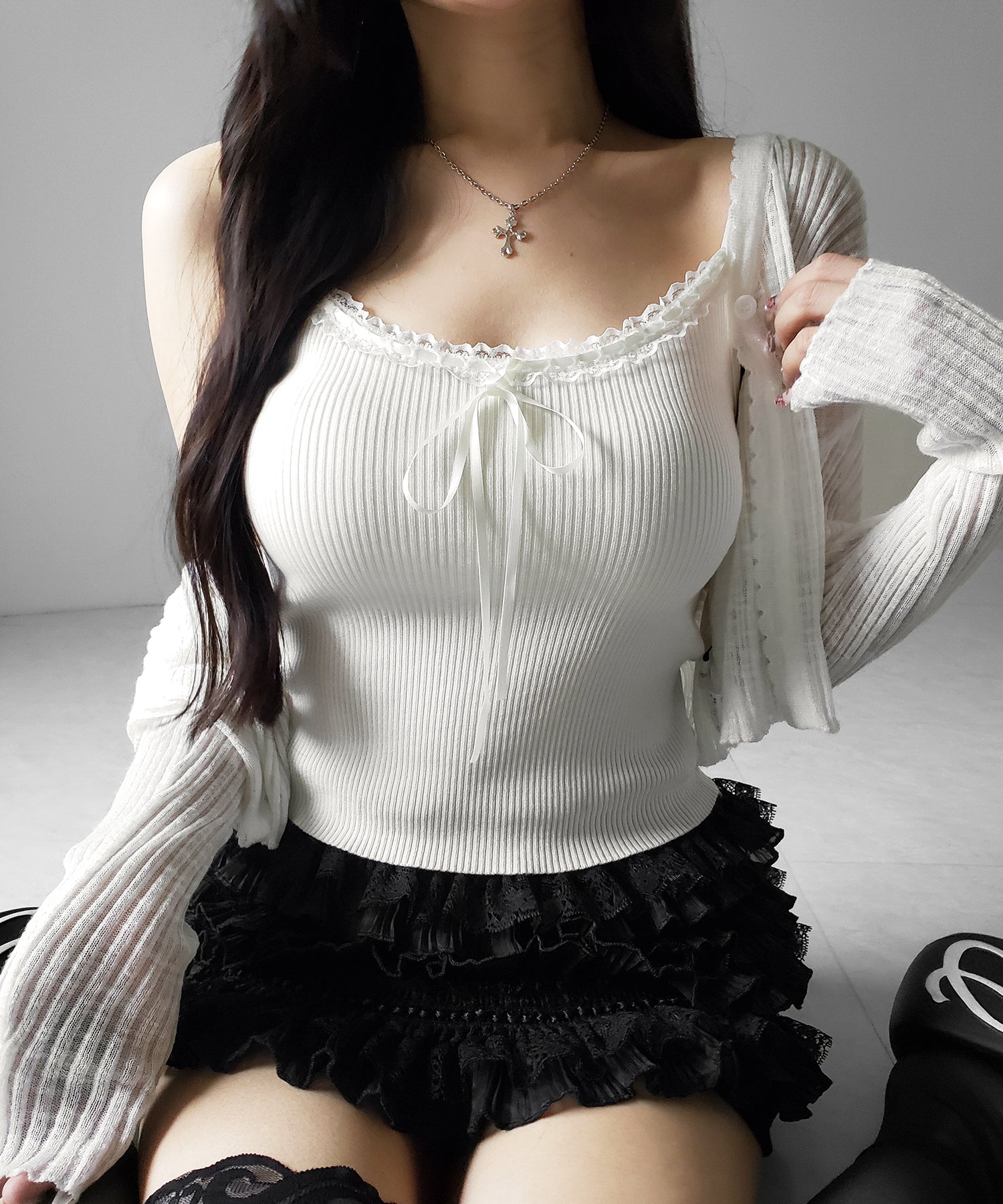 【 ２点セット 】レースリボンニットキャミソール ＋ シアーリブニットカーディガン ／ lace ribbon knit camisole ＋ sheer lib knit cardigan