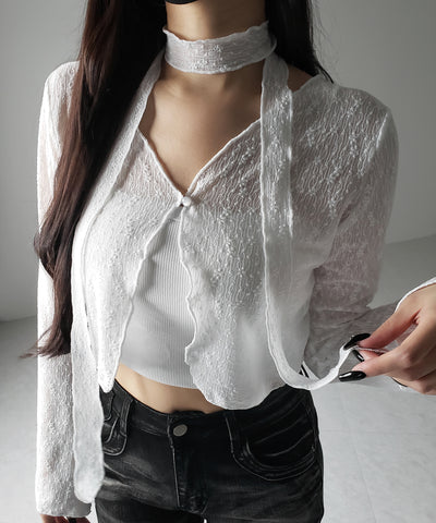 【 ２color ／ ２WAY 】チョーカーロングタイ付きショートシアーカーディガン ／ choker long tie set short sheer cardigan