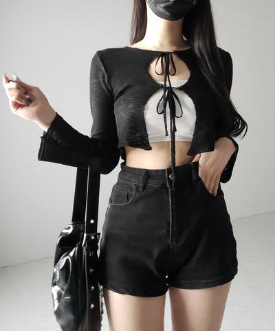 【 ２color 】ダブルリボンシアーニットショートカーディガン ／ double ribbon sheer knit short cardigan