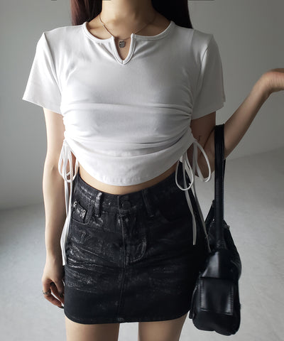 【 ２color 】サイドシャーリングリボン半袖ショートＴシャツ ／ side shirring ribbon short Tee