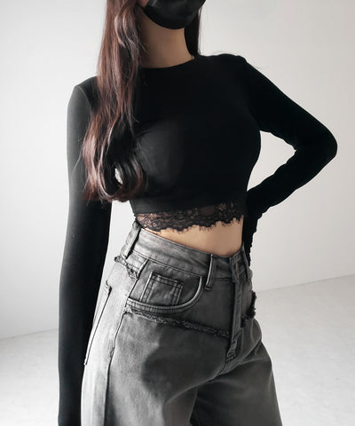 【 裏起毛 】裾レースドッキングショートＴシャツ ／ hem lace docking short Tee