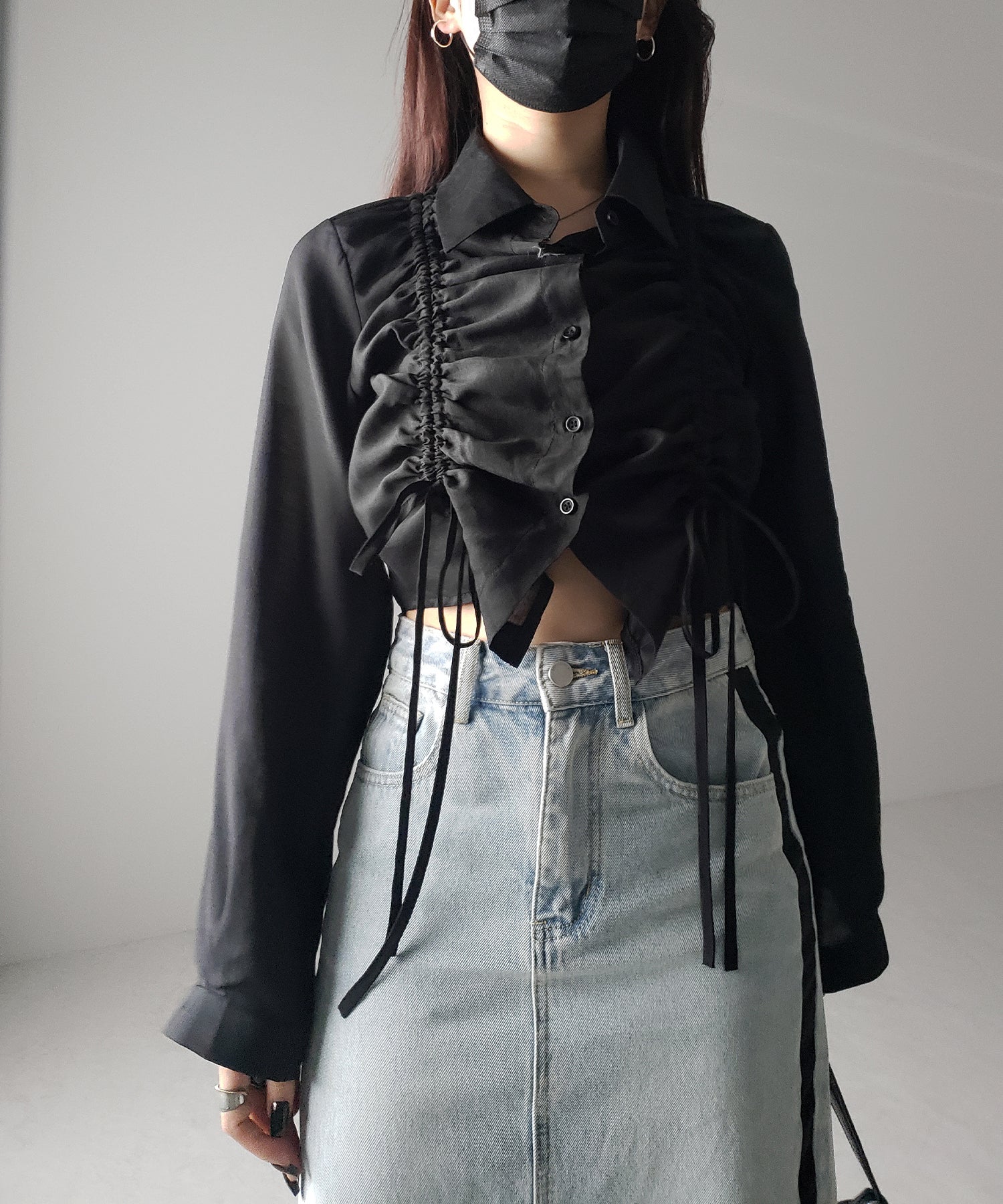 【 ３color 】ダブルリボンシャーリングショートシアーシャツ ／ double shirring ribbon short sheer shirts