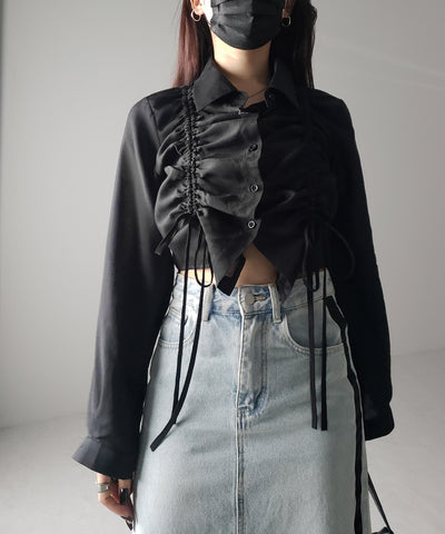 【 ３color 】ダブルリボンシャーリングショートシアーシャツ ／ double shirring ribbon short sheer shirts