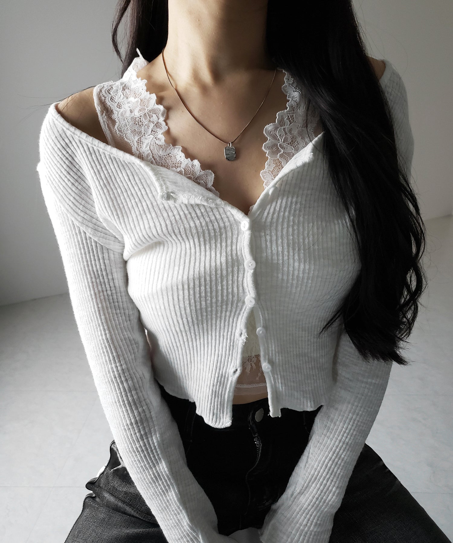【 ２点セット 】レイヤードレースシアーリブカットソーカーディガン ／ layered lace sheer rib cut and sew cardigan