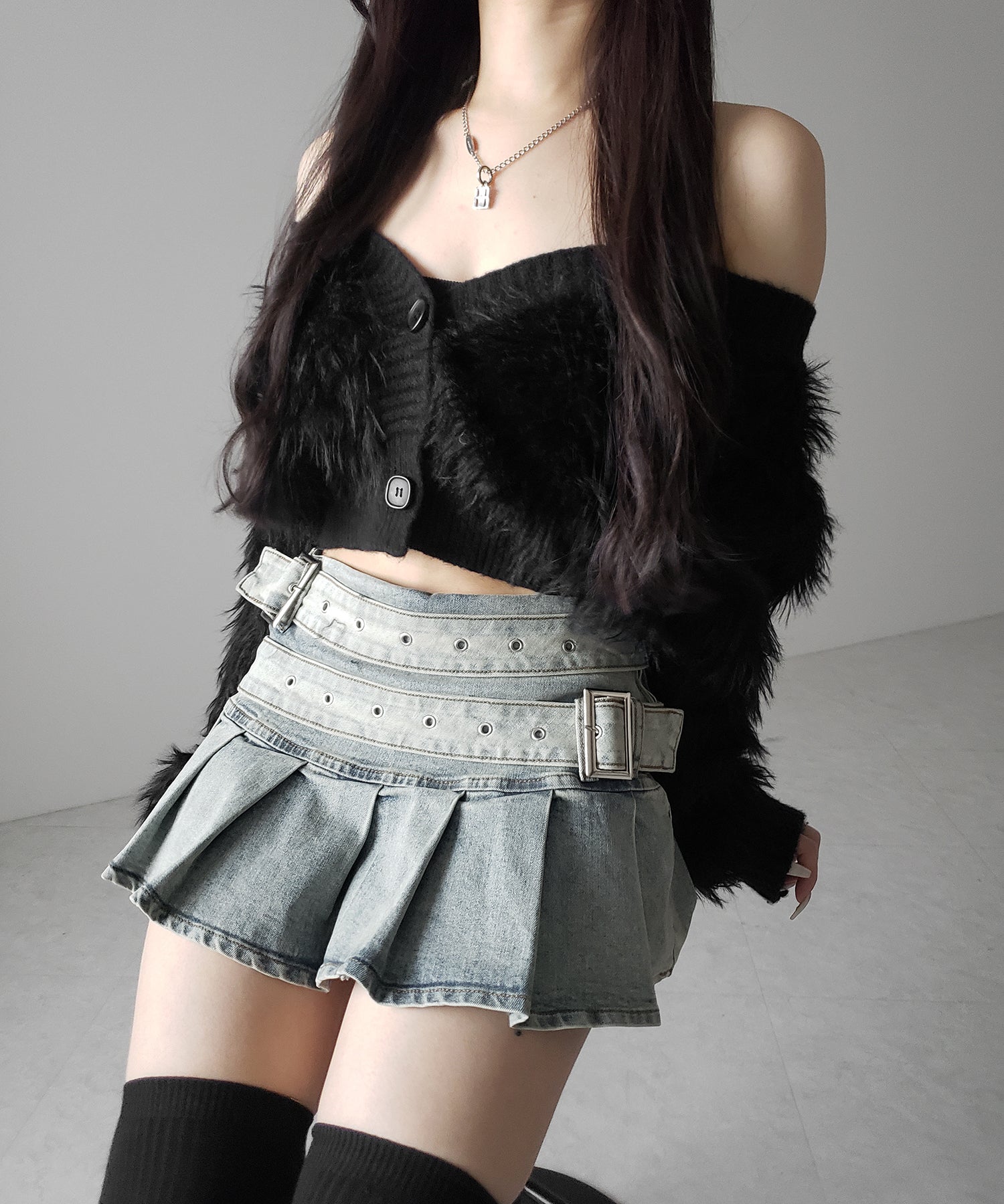 【 インパン裏地付 】ダブルベルトヴィンテージデニムプリーツミニスカート ／ double belt vintage denim pleats mini skirt