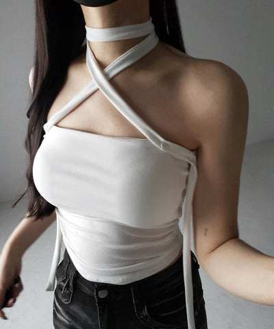 【 ３color ／ カップ付 】ロングチョーカークロスネックキャミソール ／ long choker cross neck camisole