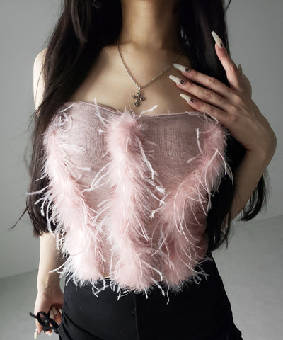 フェザーファードッキングビスチェベアトップ ／ feather fur docking bustier bare tops