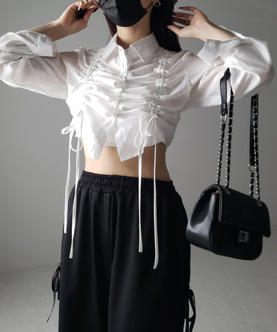 【 ３color 】ダブルリボンシャーリングショートシアーシャツ ／ double shirring ribbon short sheer shirts