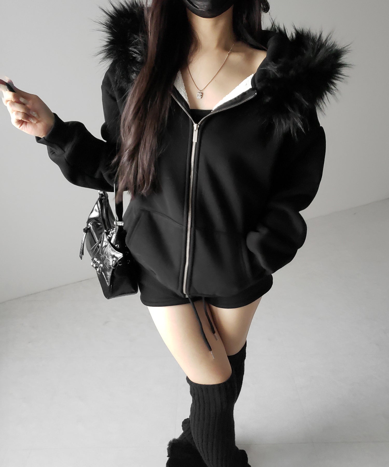 【 セットアップ 】裏起毛ファーフードオーバージップパーカー＆スウェットショートパンツ ／ Urakimo fur over zip hoodie ＆ sweat short pants SETUP