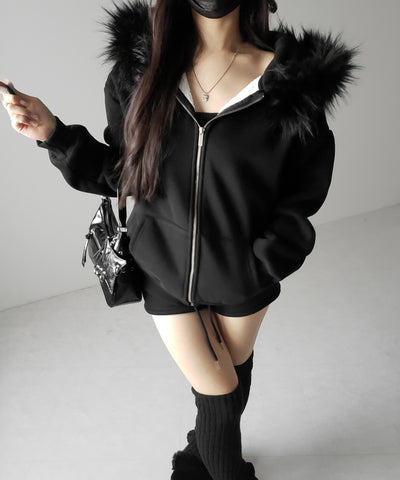 【 セットアップ 】裏起毛ファーフードオーバージップパーカー＆スウェットショートパンツ ／ Urakimo fur over zip hoodie ＆ sweat short pants SETUP