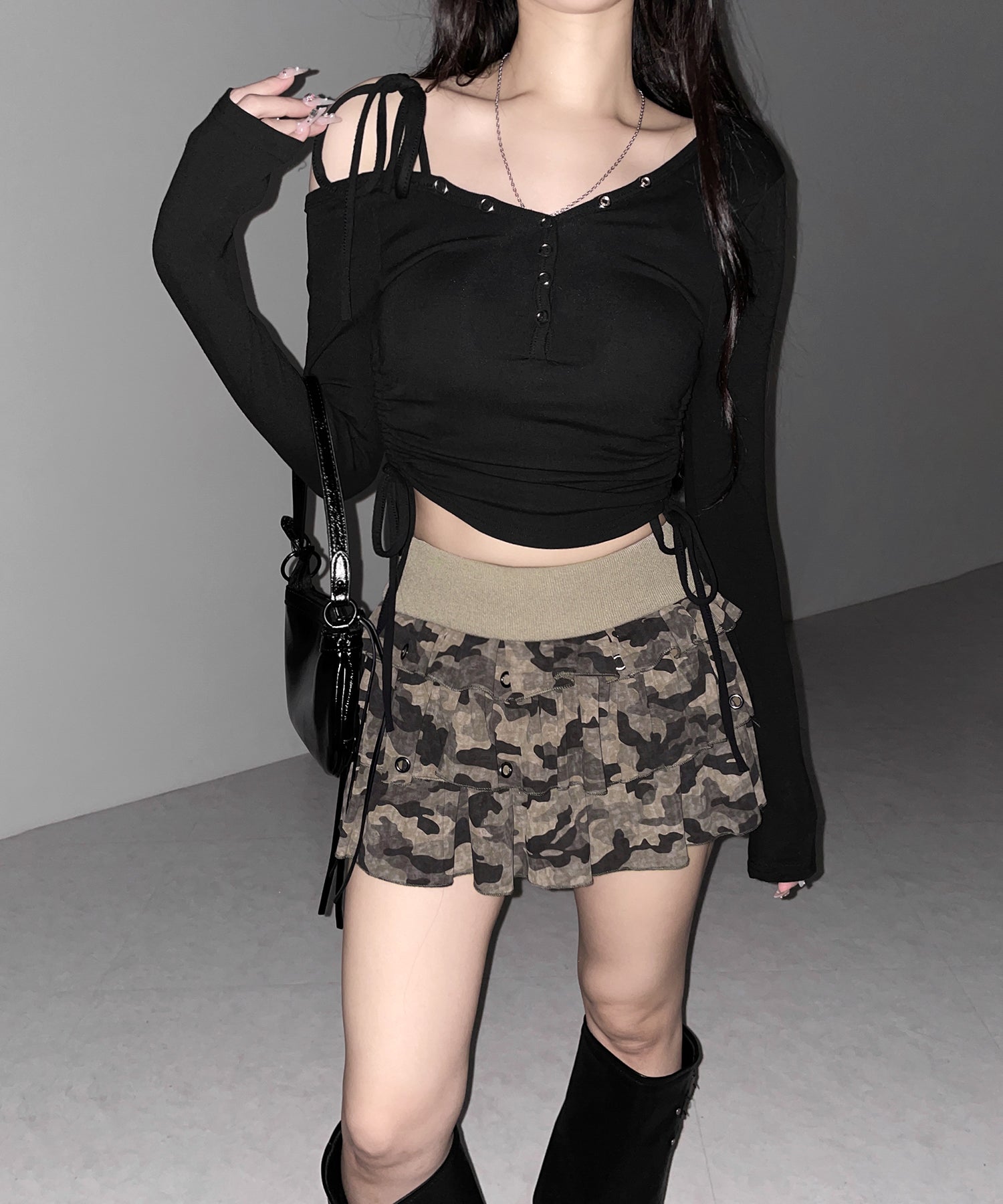 【 インパン裏地付 】ヴィンテージカモフラ迷彩フリルミニスカート ／ vintage camouflage frill mini skirt