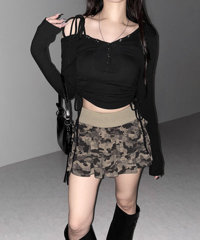 【 インパン裏地付 】ヴィンテージカモフラ迷彩フリルミニスカート ／ vintage camouflage frill mini skirt