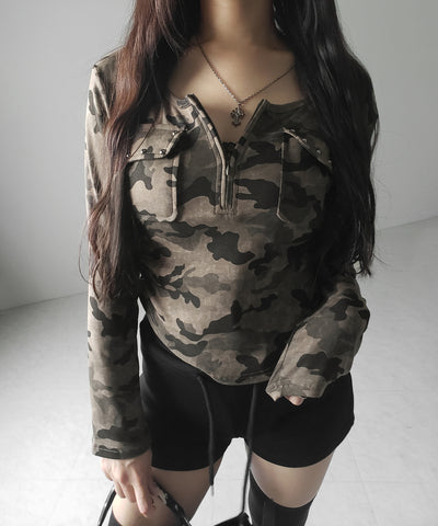 ヴィンテージカモフラアウトポケットジップロンT ／ vintage camouflage out pocket zip longsleeve T-shirt