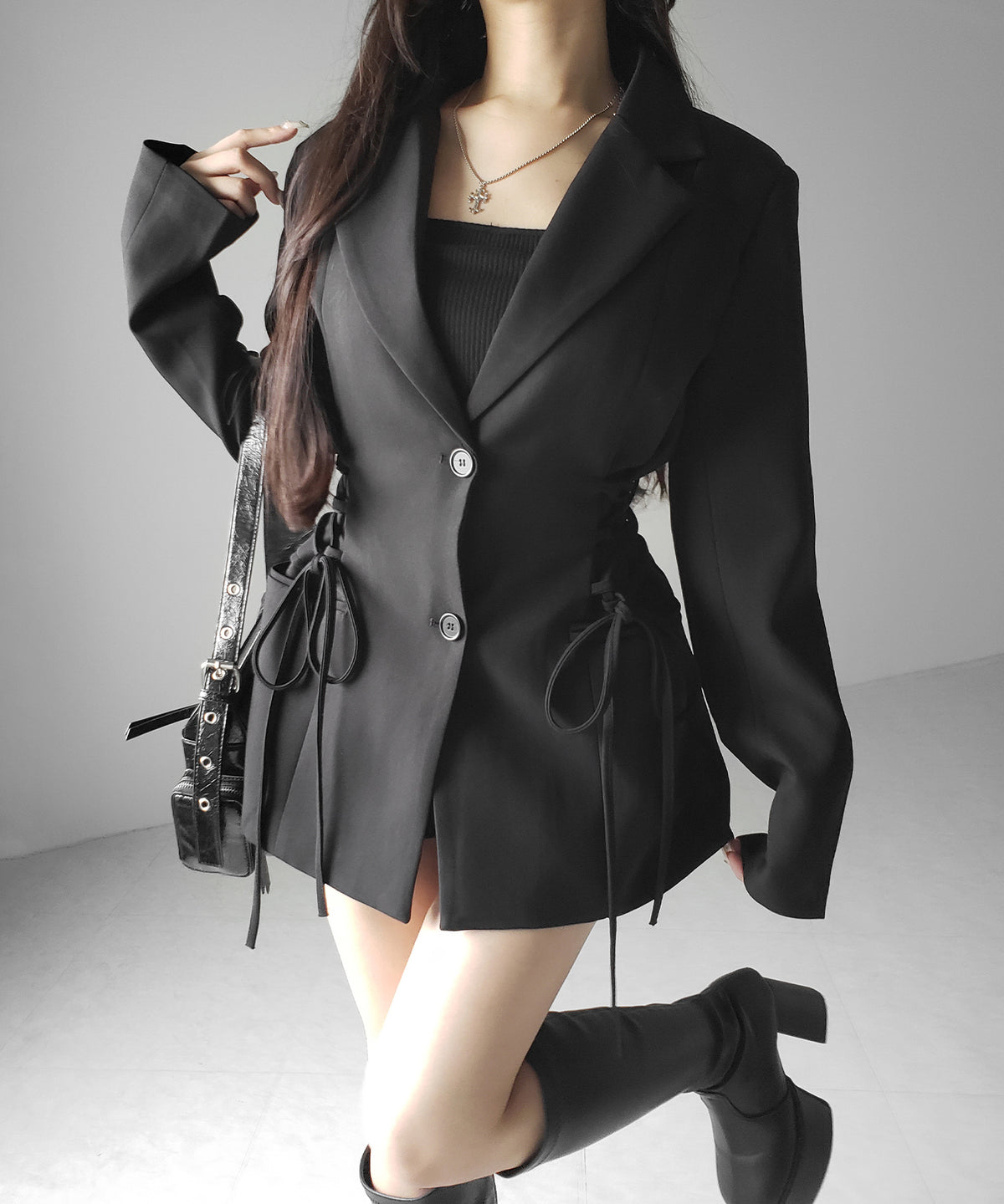 レースアップリボンスリムテーラードジャケット ／ lace-up ribbon slim tailored jacket