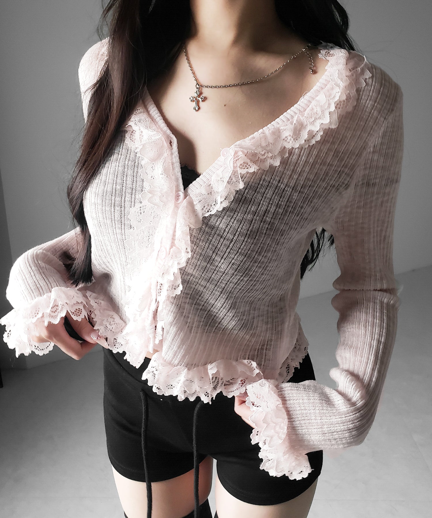 レースフリルシアーニットカーディガン ／ lace frill sheer knit cardigan