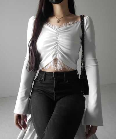【 ２color 】レースドッキングシャーリングショートカットソートップス ／ lace docking shirring short cutsew tops