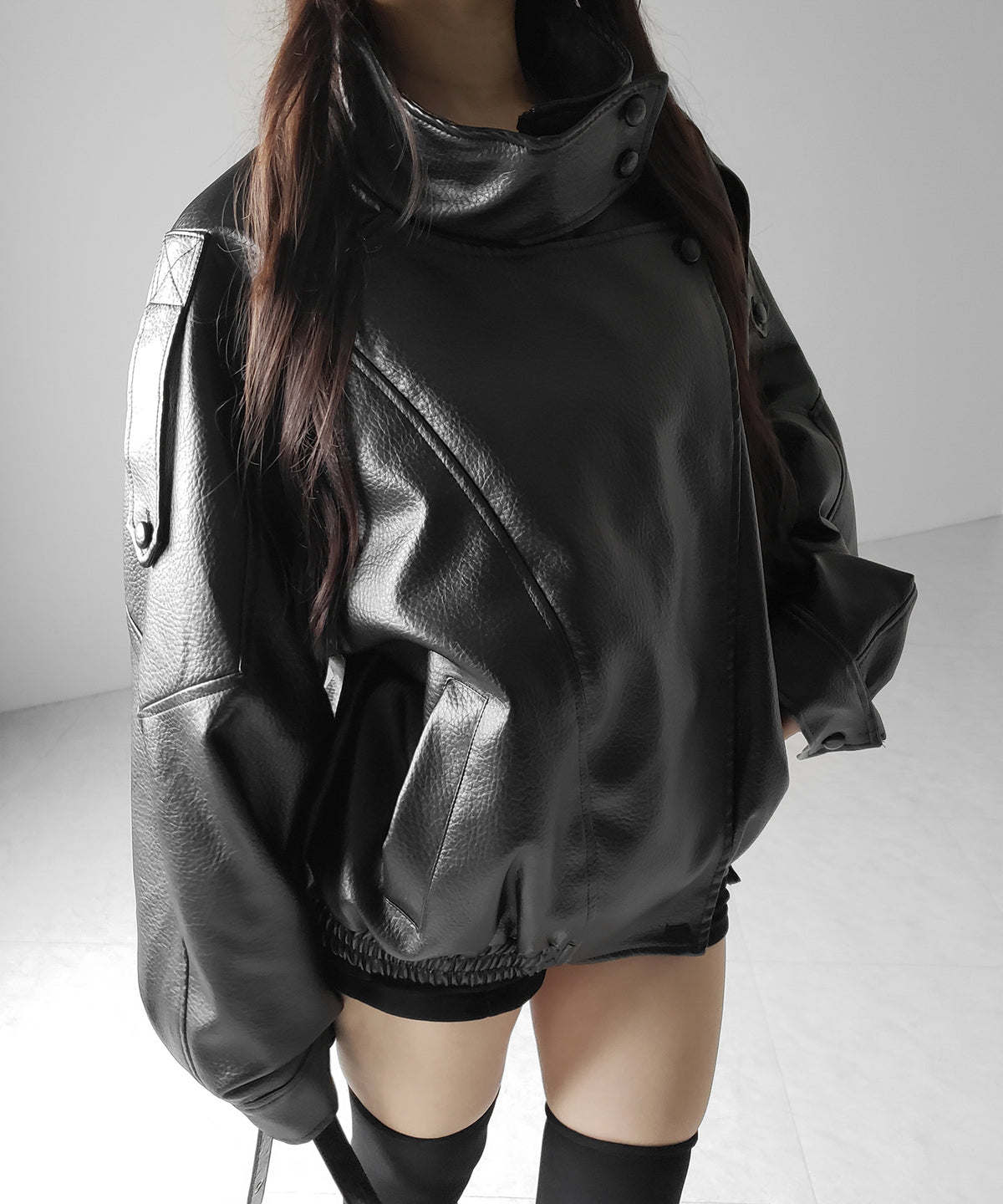 ヴィンテージフェイクレザースタンドカラージップアップブルゾン ／ 2WAY vintage fake leather stand collar zipup blouson