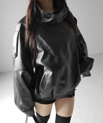 ヴィンテージフェイクレザースタンドカラージップアップブルゾン ／ 2WAY vintage fake leather stand collar zipup blouson